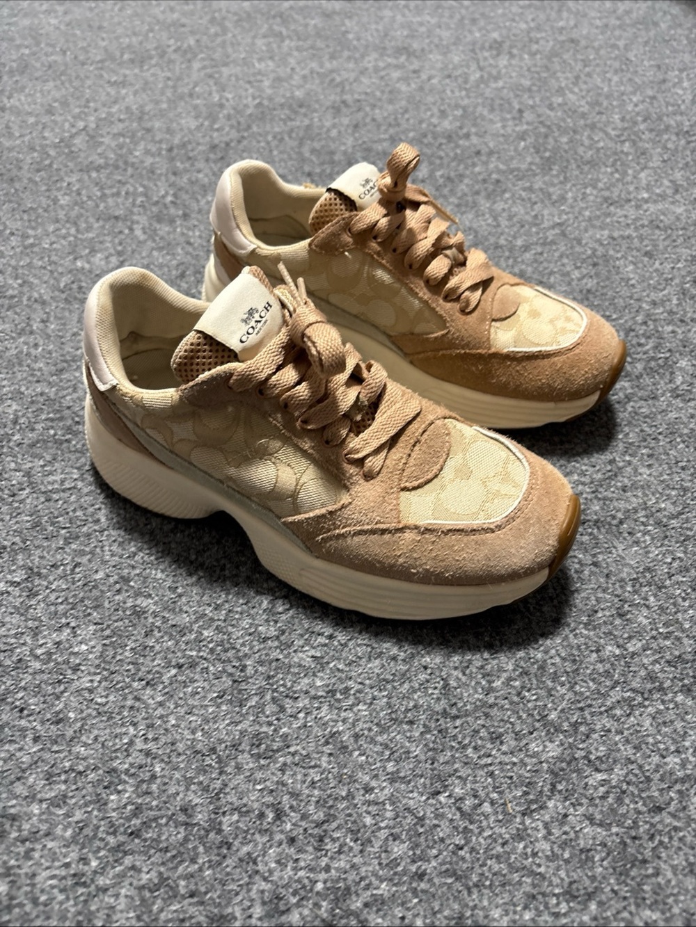 Size 7B - Coach CitySole Tech Runner Khaki Monogram Suede Sneakers Womens